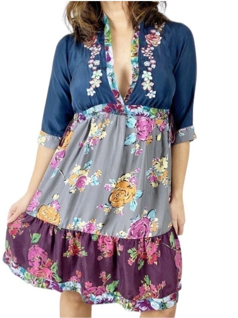 Johnny Was silk embroidered floral tiered dress XL